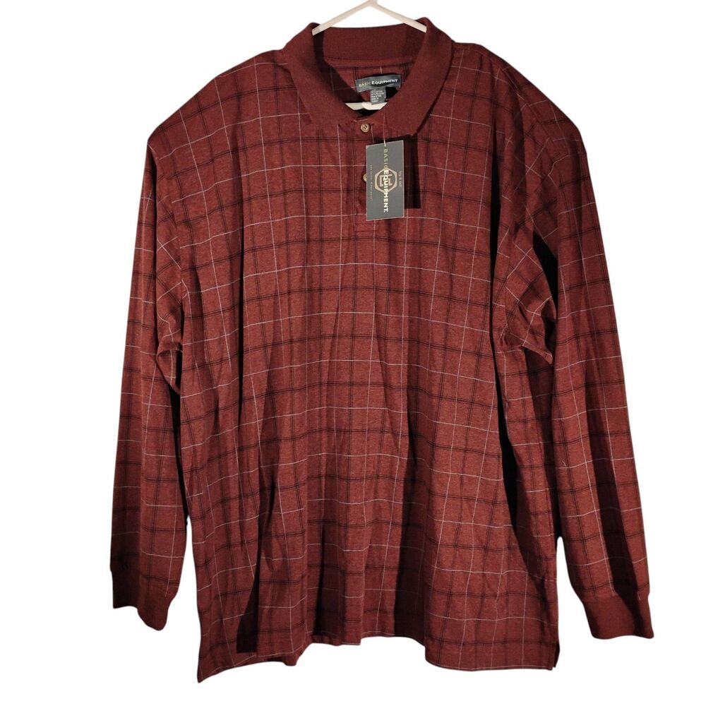 Basic Equipment polo shirt mens 3XL XXL maroon red long sleeve plaid NWT ls